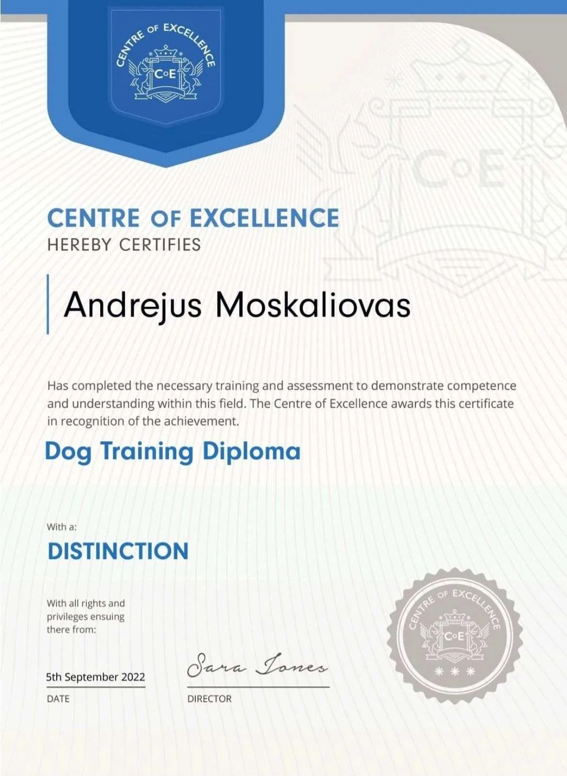 Dog Training Diploma with Distinction awarded to Andrejus Moskaliovas