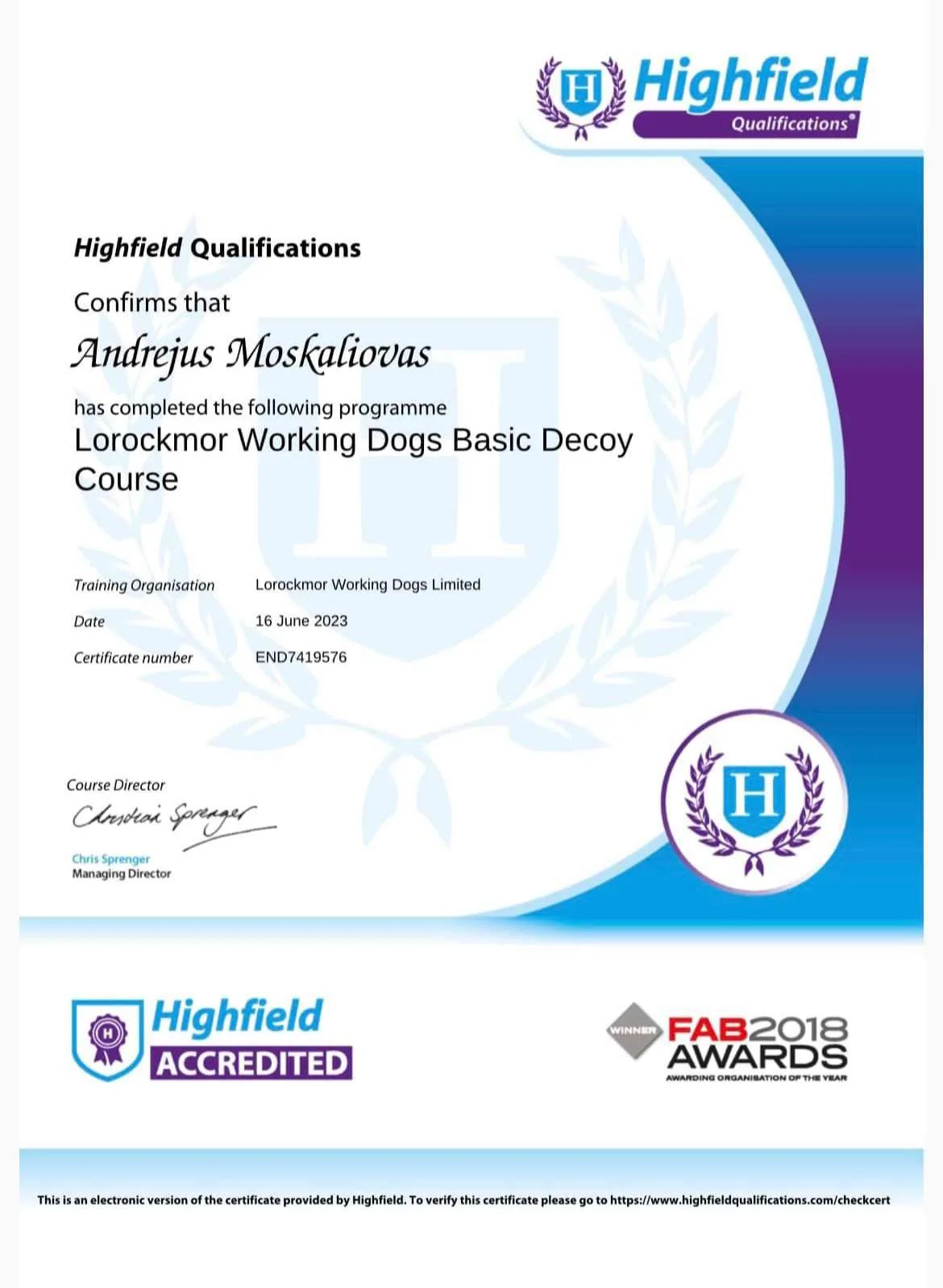 Lorockmor Working Dogs Basic Decoy Course certificate awarded to Andrejus Moskaliovas