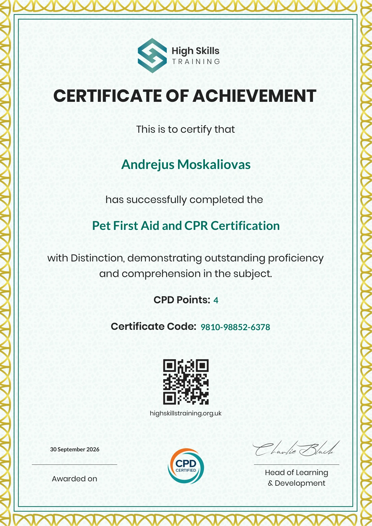 Pet First Aid and CPR Certification with Distinction awarded to Andrejus Moskaliovas