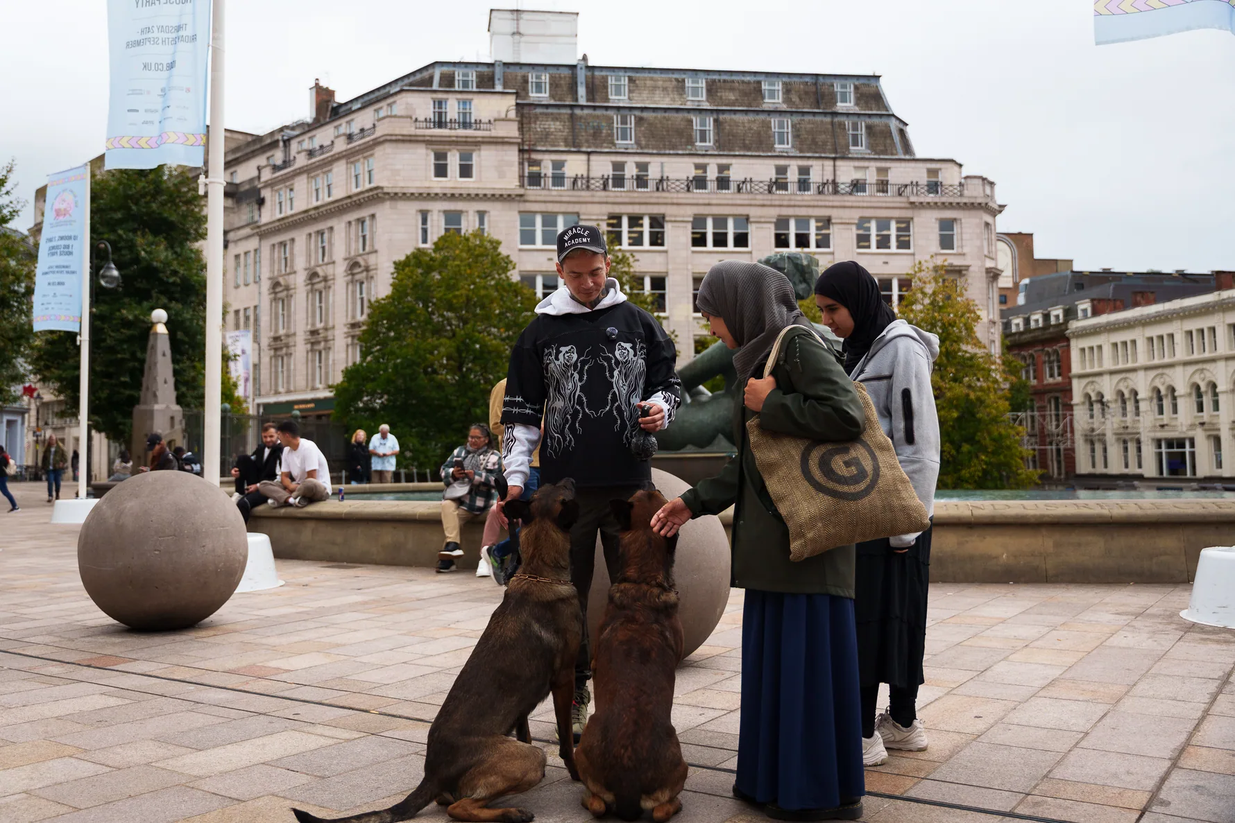 Working dogs practising calm behaviour beside a busy city plaza