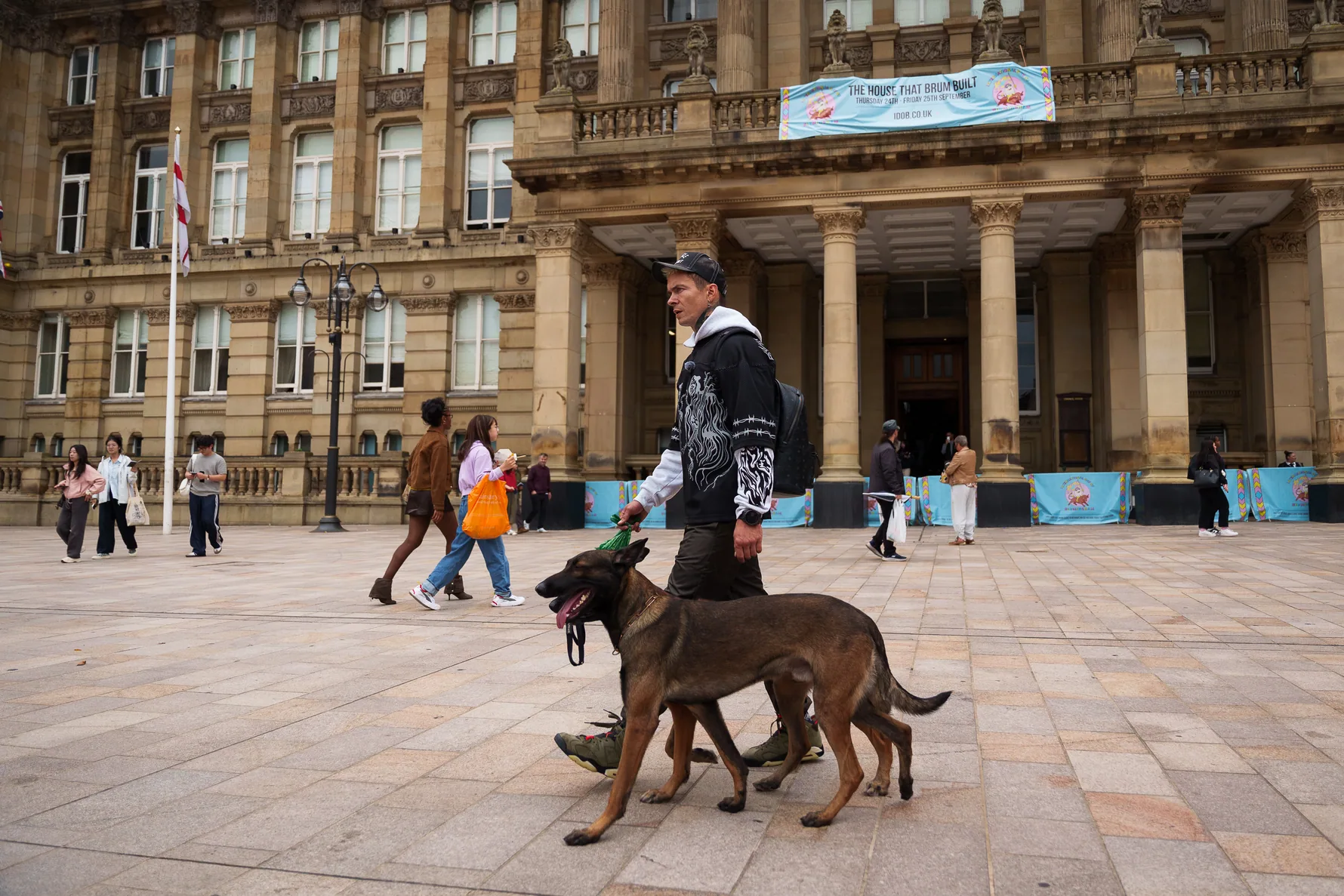 Working dogs walking together beside a large stone city building