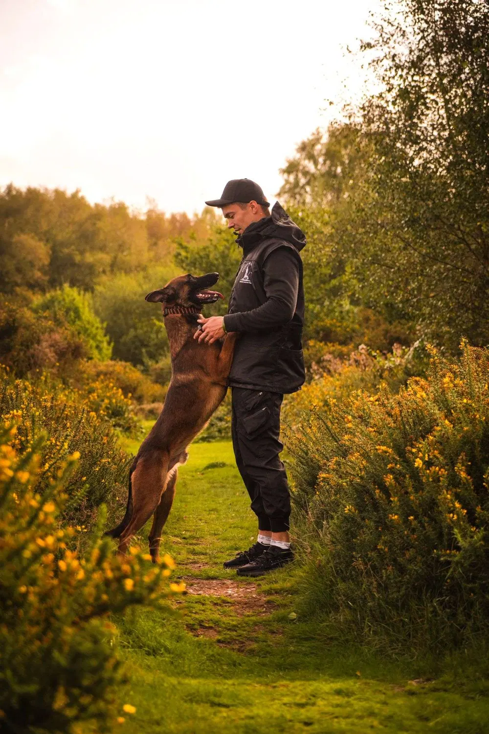Trainer and working dog practising engagement in a Birmingham park